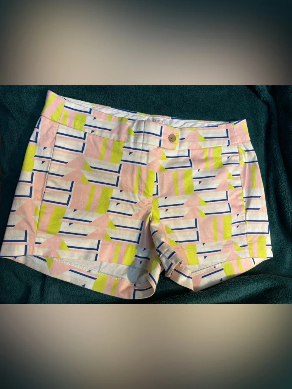 J. Crew Pink Geometric Print Shorts with Navy & Lime Accents